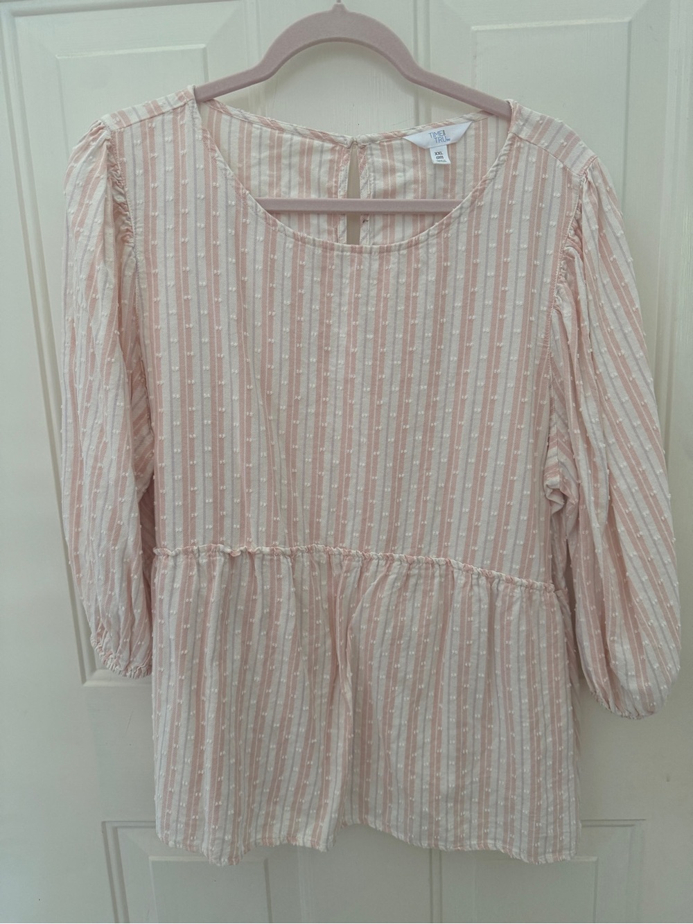 Time and Tru Pink and Cream Striped Peplum Blouse